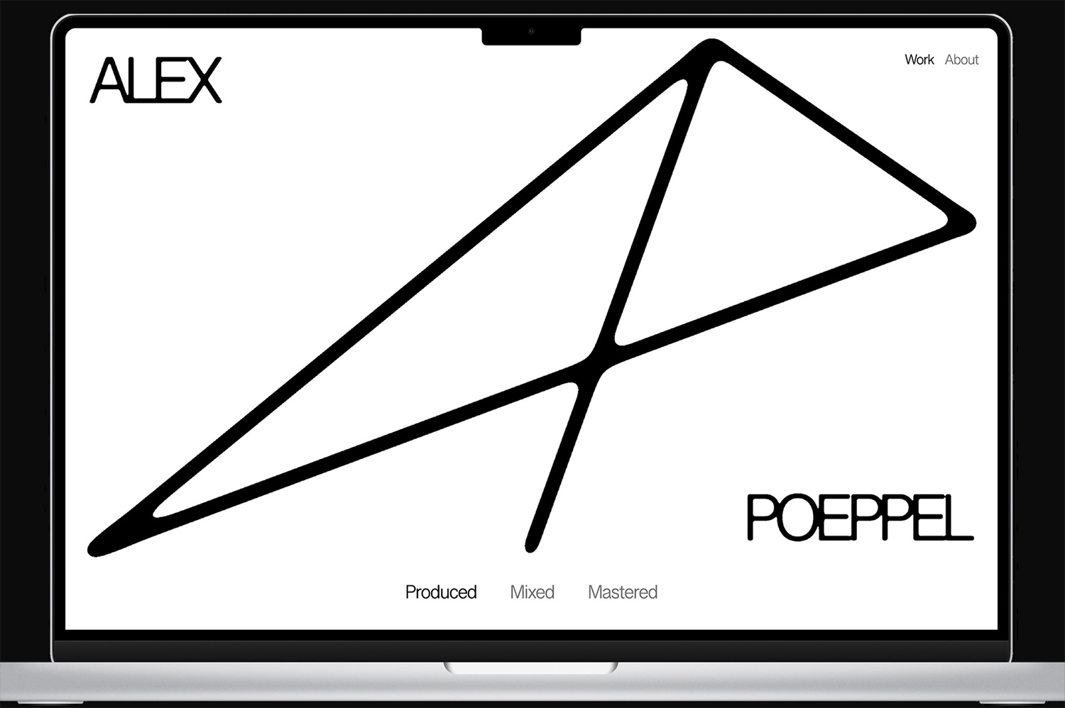 Alex Poeppel branding shown on a laptop screen with a bold black monogram line graphic