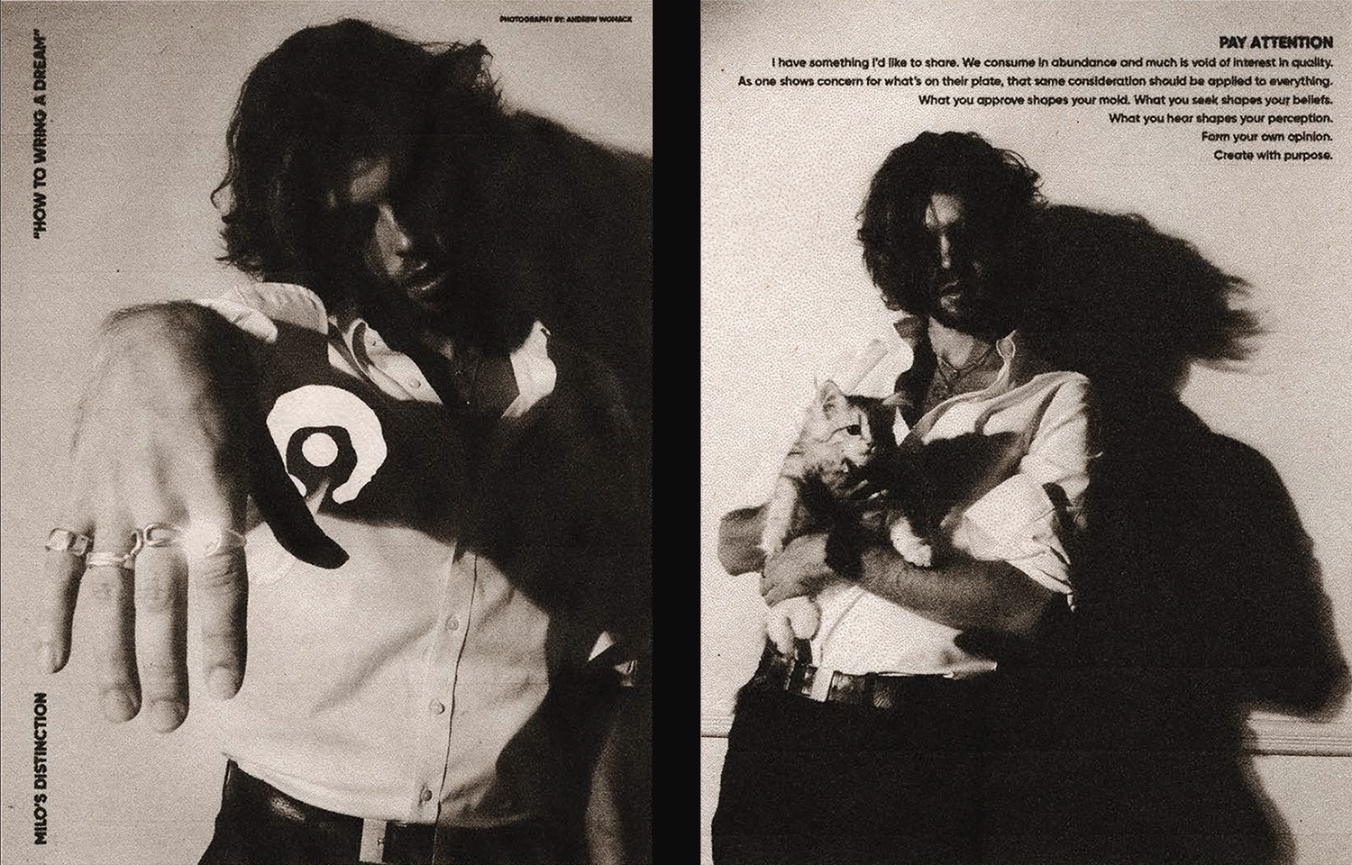 Two-page layout of Milo in dramatic light, one close-up of his outstretched hand and another holding a cat beside a “Pay Attention” manifesto.