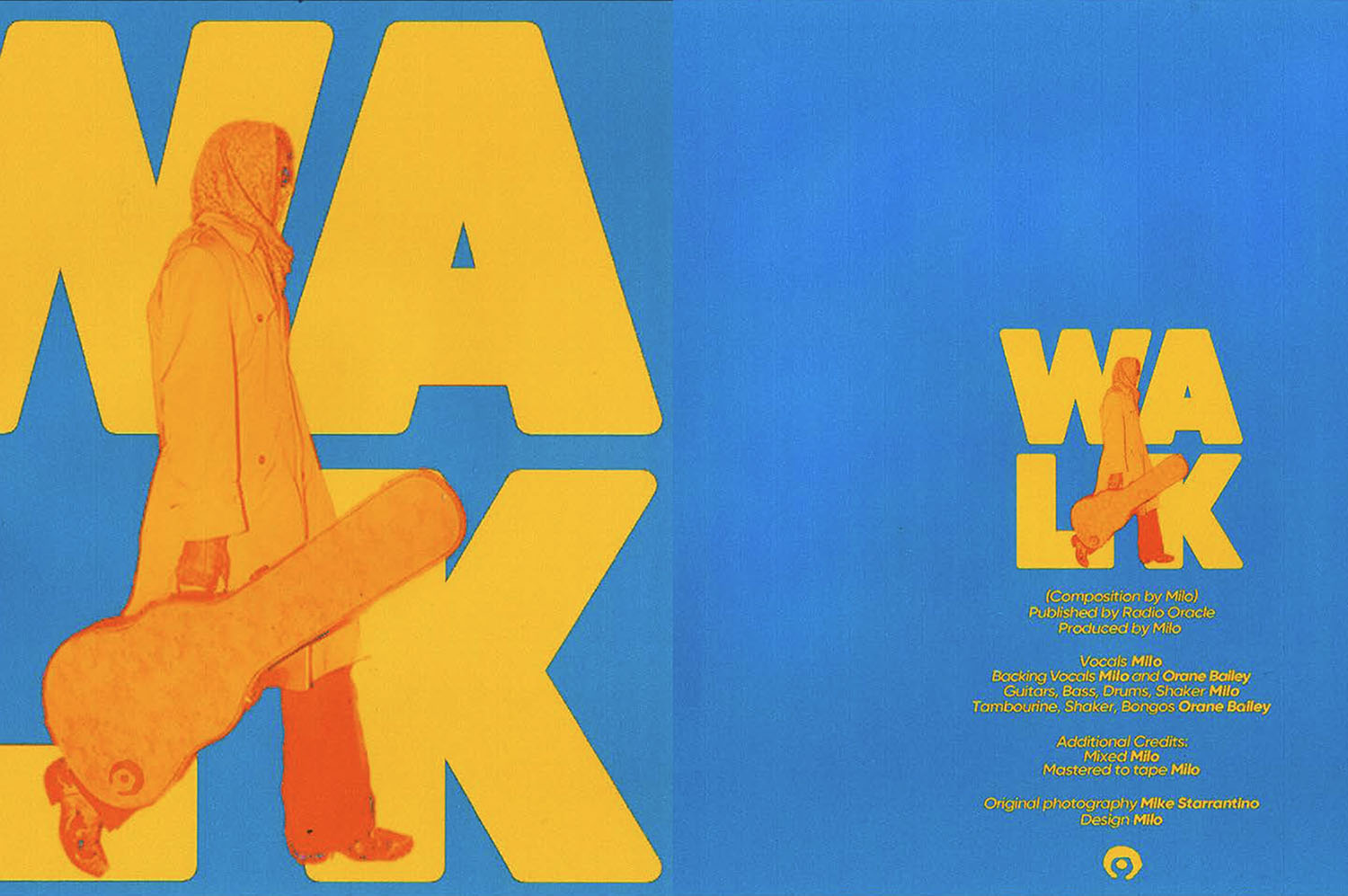 'WALK' album cover with an orange figure carrying a guitar case over bold yellow lettering on a blue background