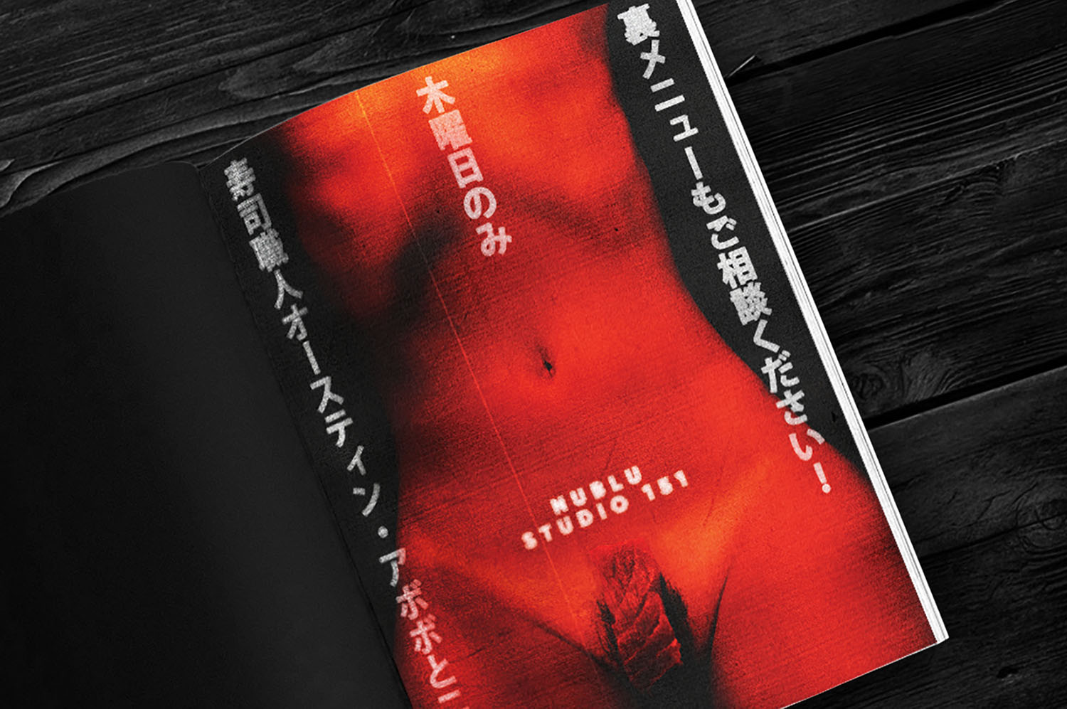 Nyotaimori event poster for Nublu Studio 151 with red-toned figure and Japanese typography