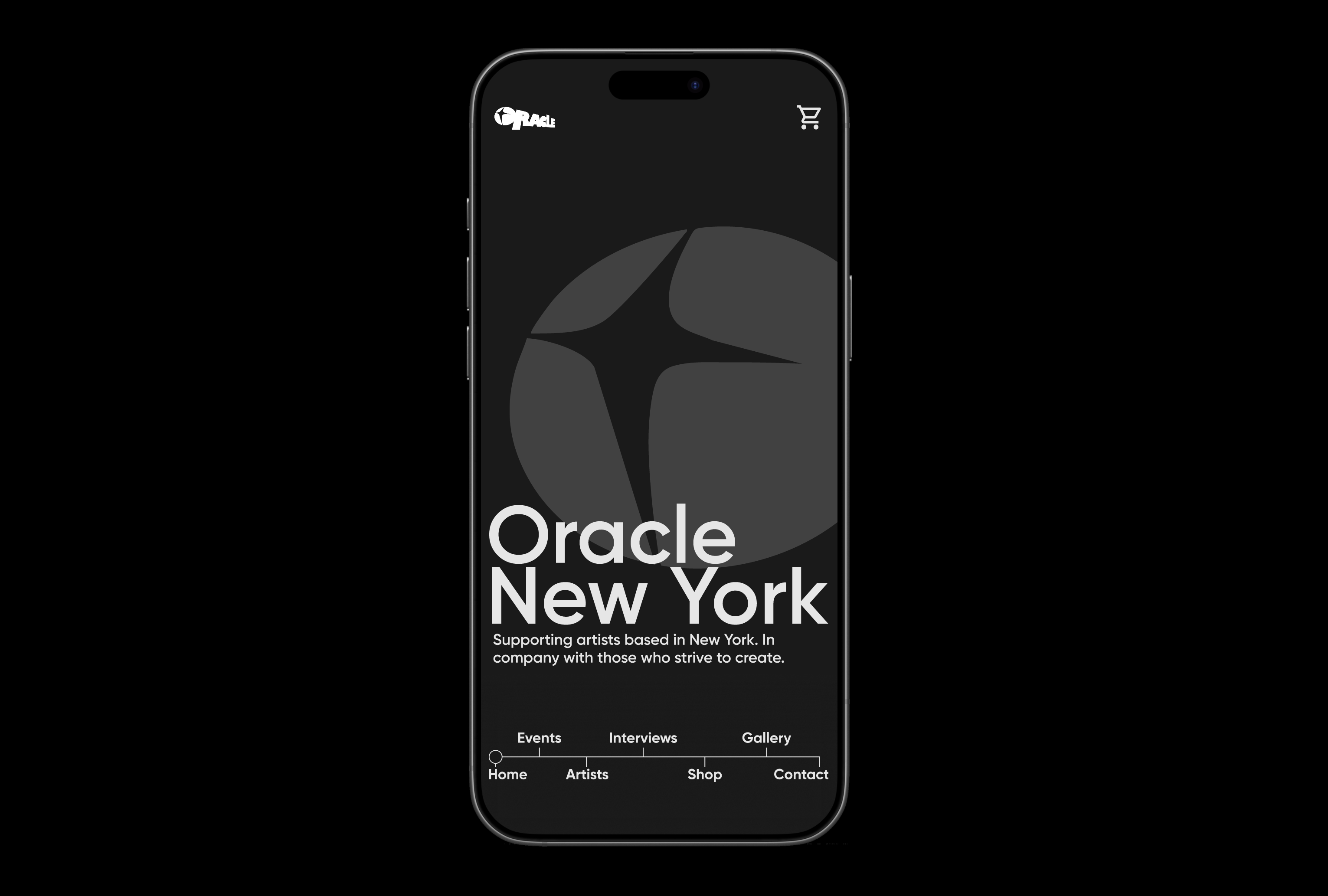 Oracle New York mobile website design with bold abstract logo on a dark background
