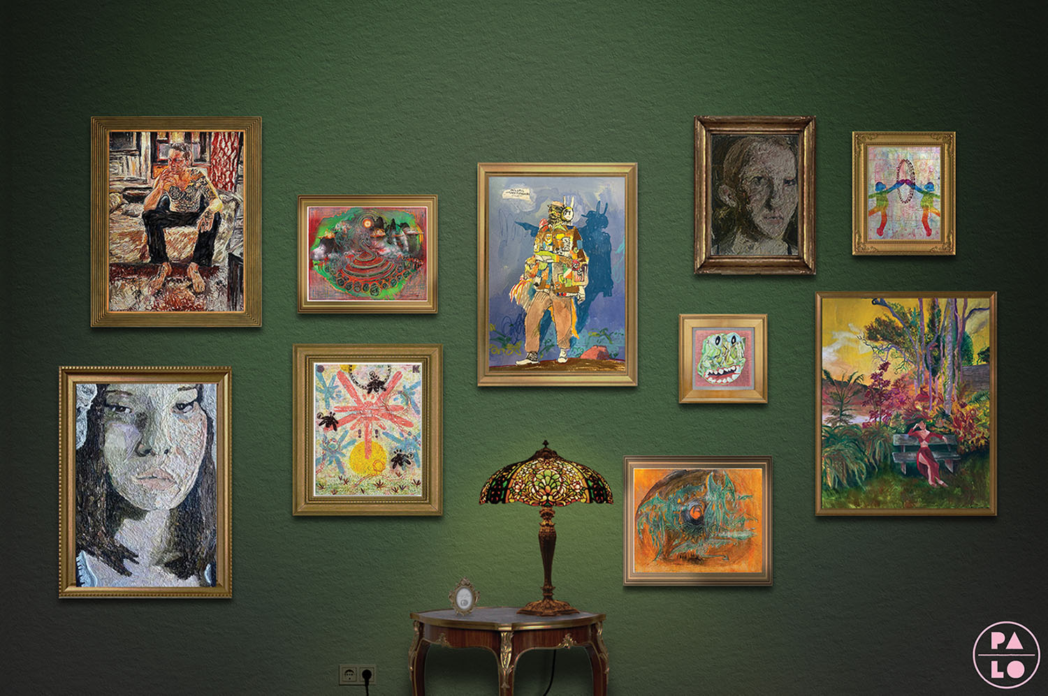 Digital Salon campaign artwork showing a salon-style wall of framed paintings at Palo Gallery