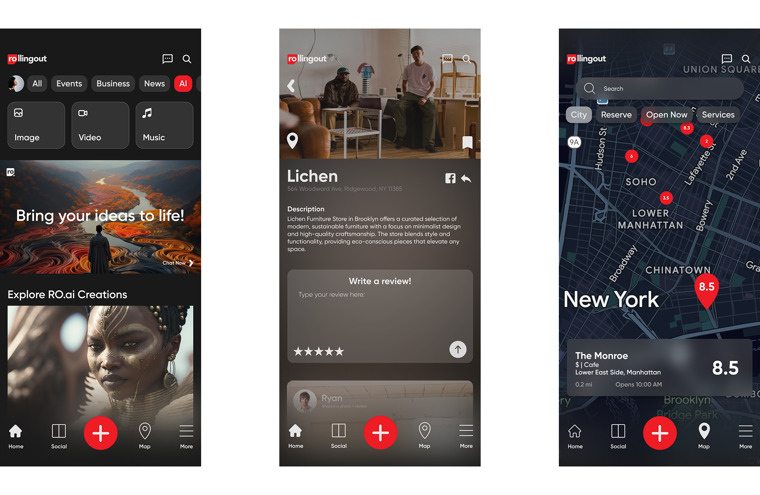 Three Rolling Out Live app screens AI features, Lichen store detail, and map view.