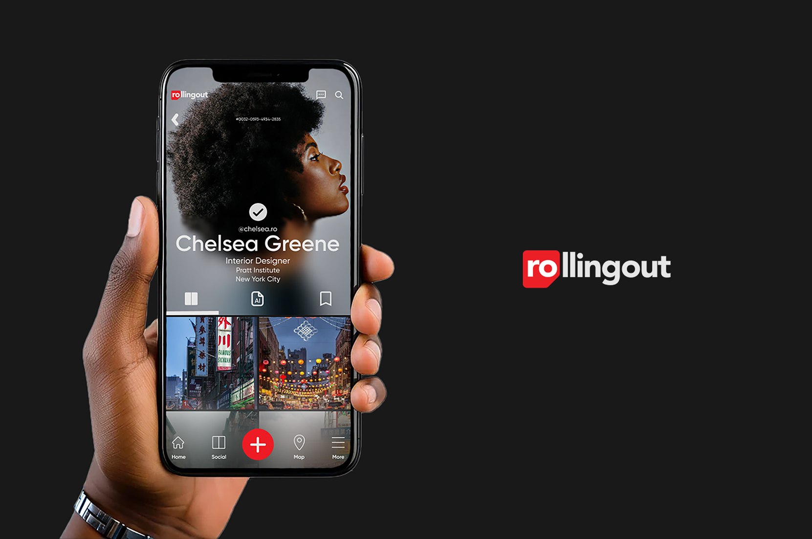 Hand holding a smartphone showing the Rolling Out Live app home screen against a solid black background.